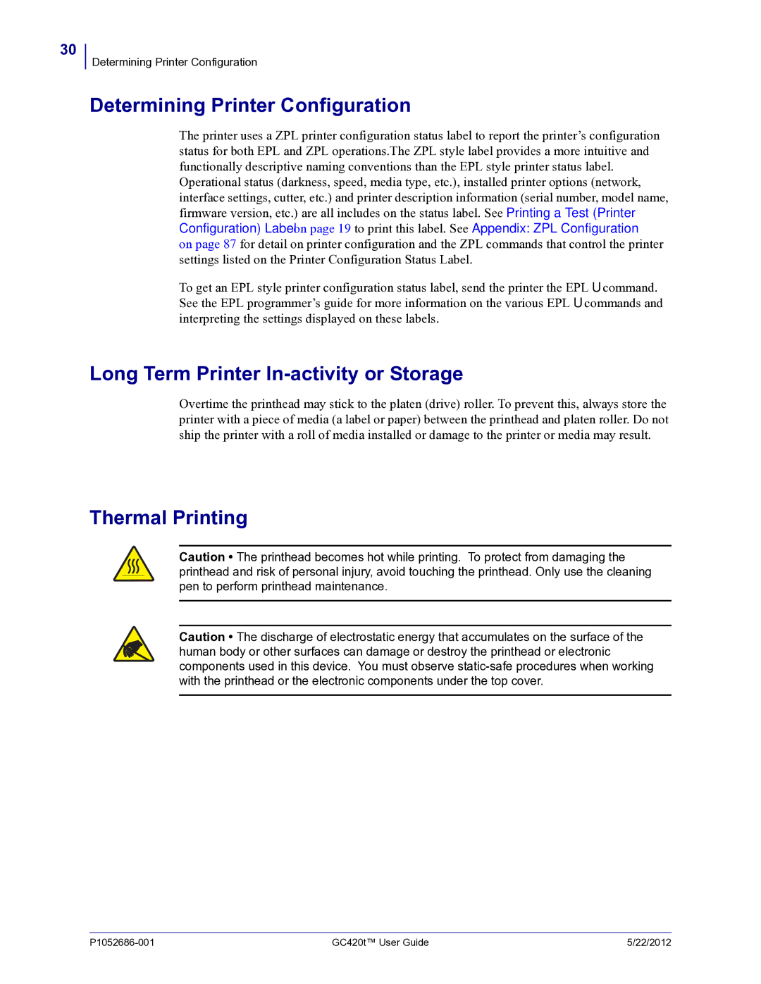 Zebra Technologies GC420t Determining Printer Configuration, Long Term Printer In-activity or Storage, Thermal Printing 