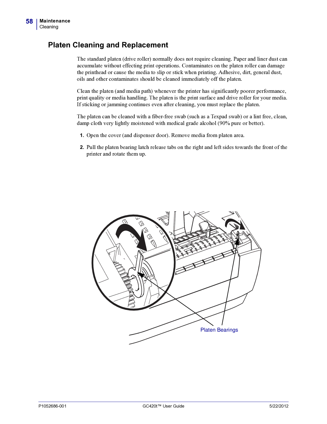 Zebra Technologies GC420t manual Platen Cleaning and Replacement 