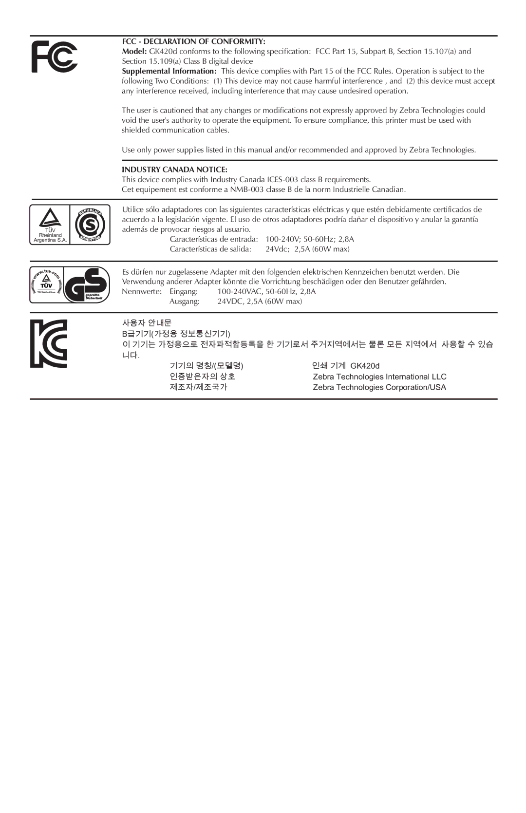 Zebra Technologies GK420D manual FCC Declaration of Conformity 