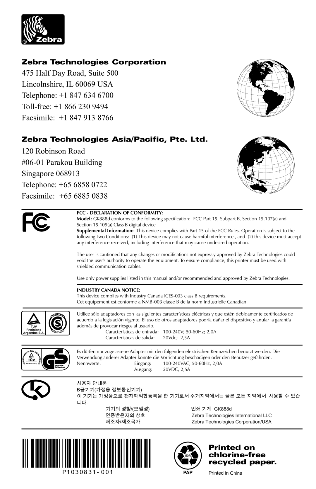 Zebra Technologies GK888d manual Zebra Technologies Corporation 