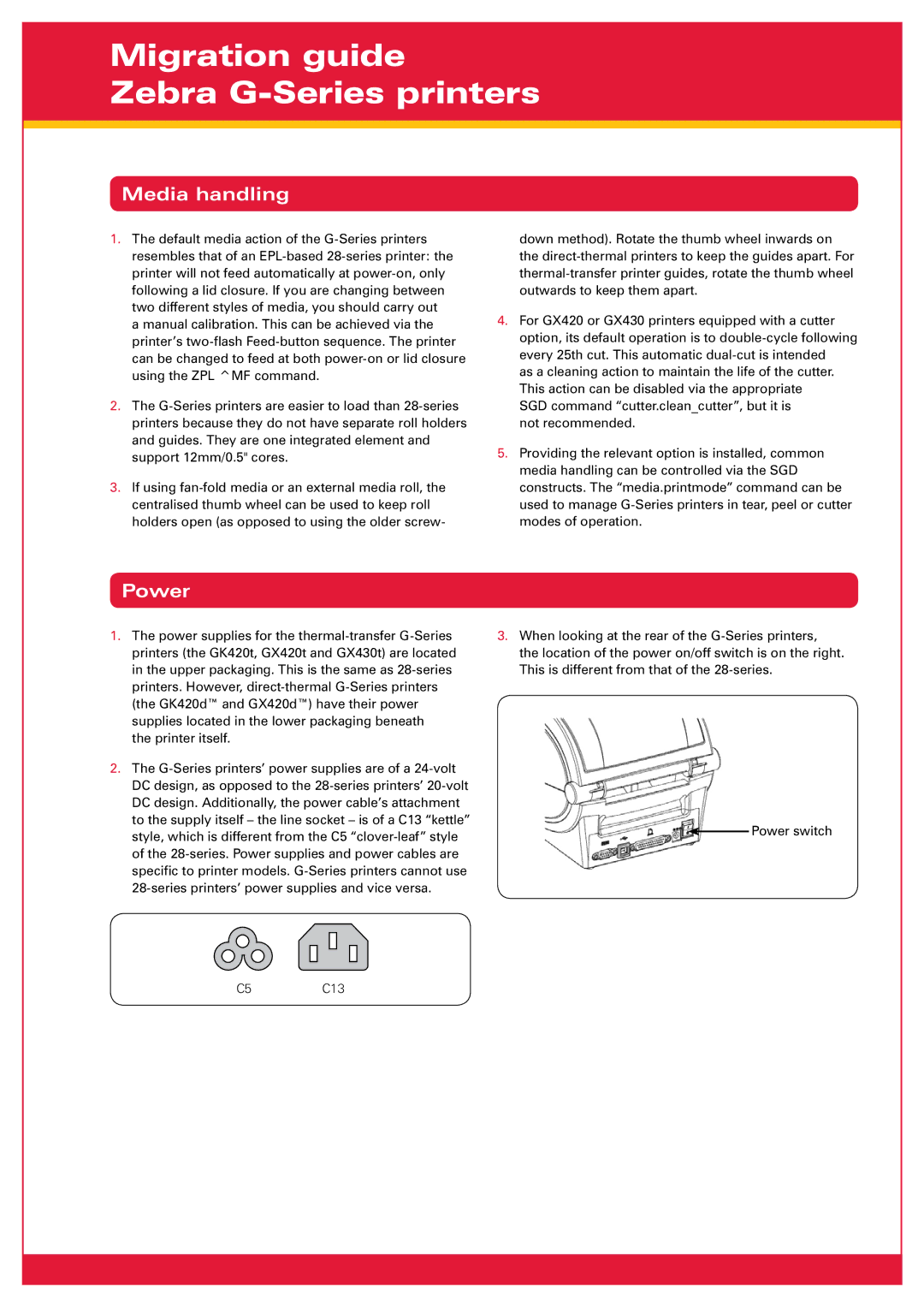 Zebra Technologies GX420, GX430 manual Media handling, Power 