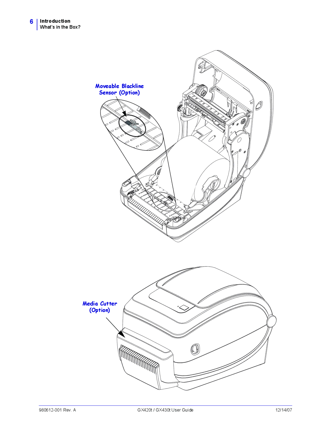 Zebra Technologies GX430t, GX420t manual Moveable Blackline Sensor Option Media Cutter 