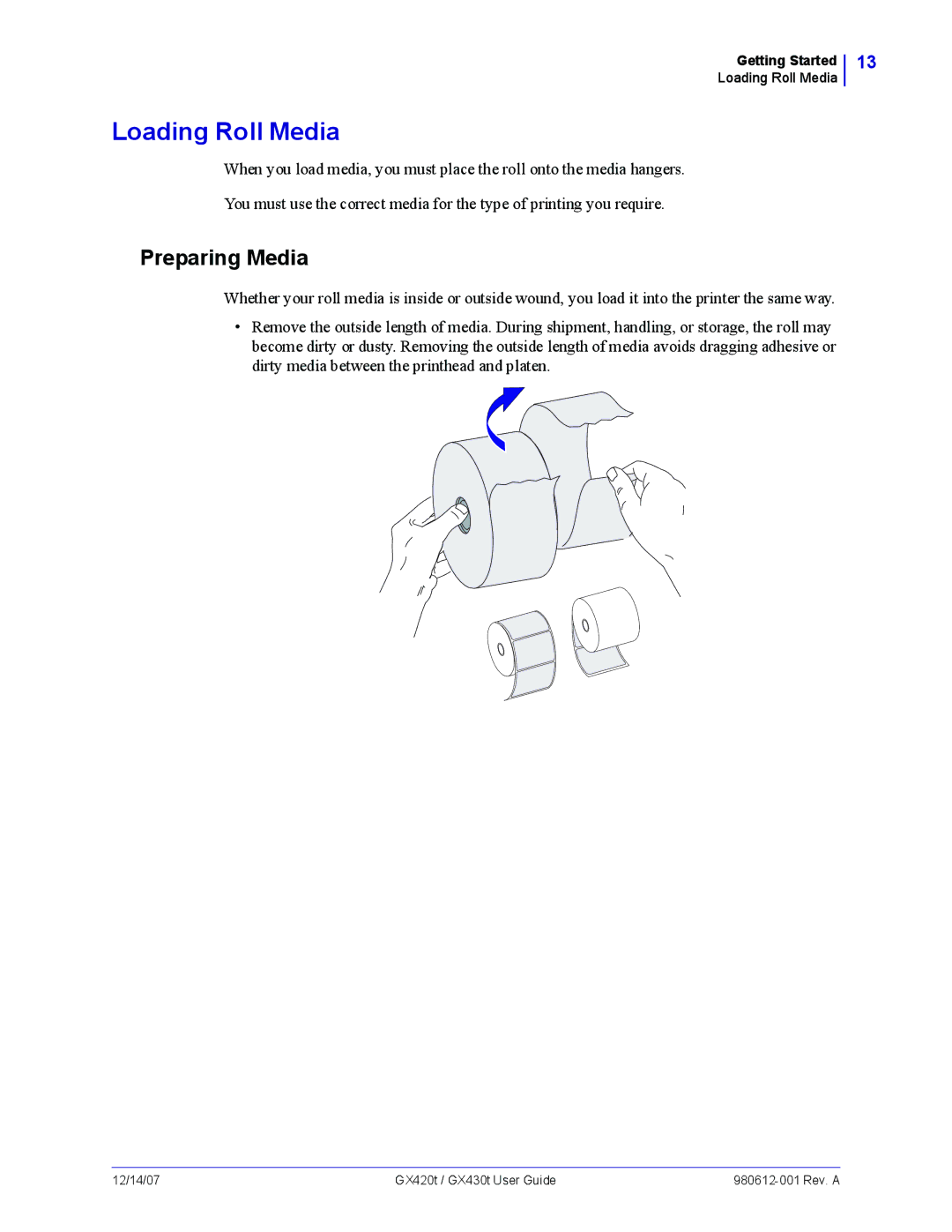 Zebra Technologies GX420t, GX430t manual Loading Roll Media, Preparing Media 
