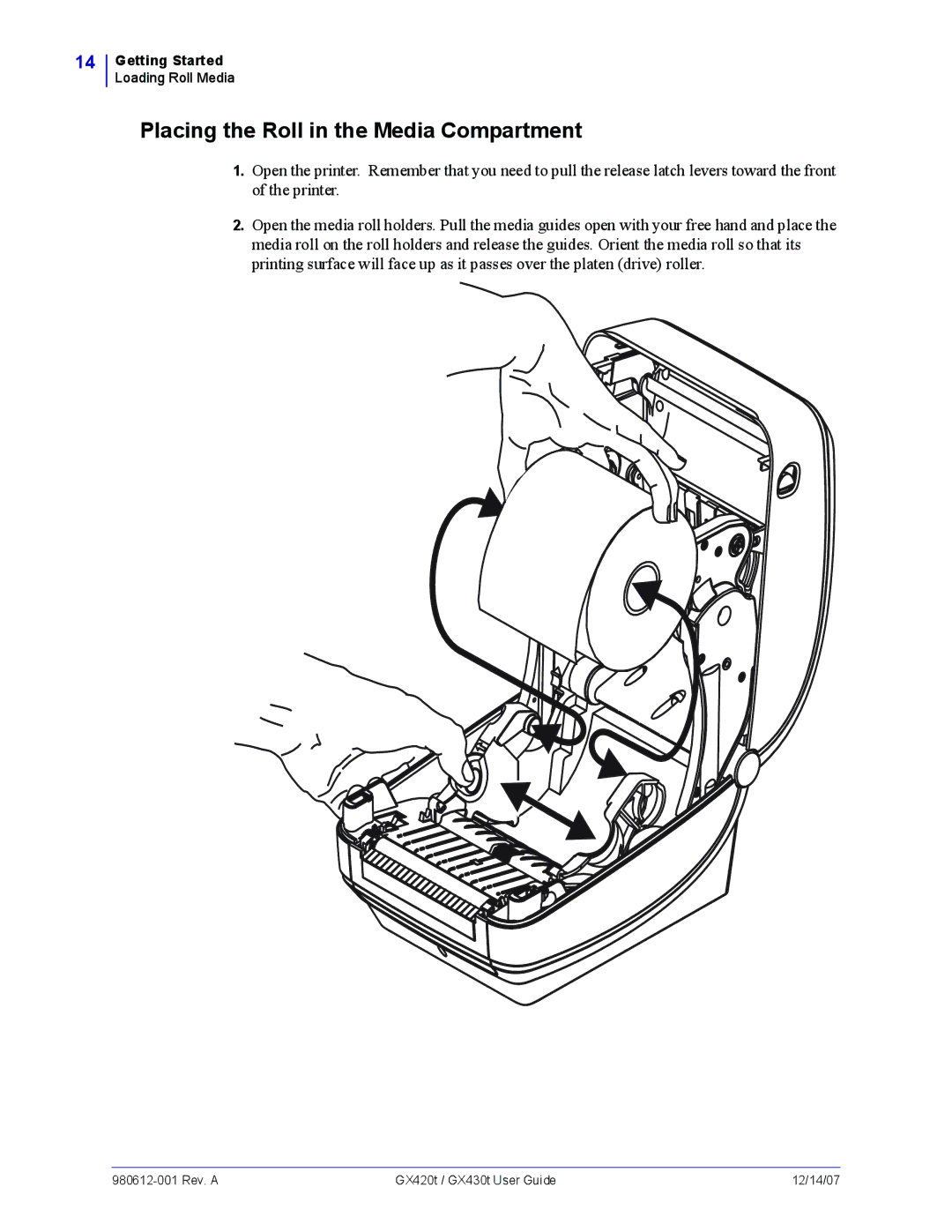 Zebra Technologies GX430t, GX420t manual Placing the Roll in the Media Compartment 