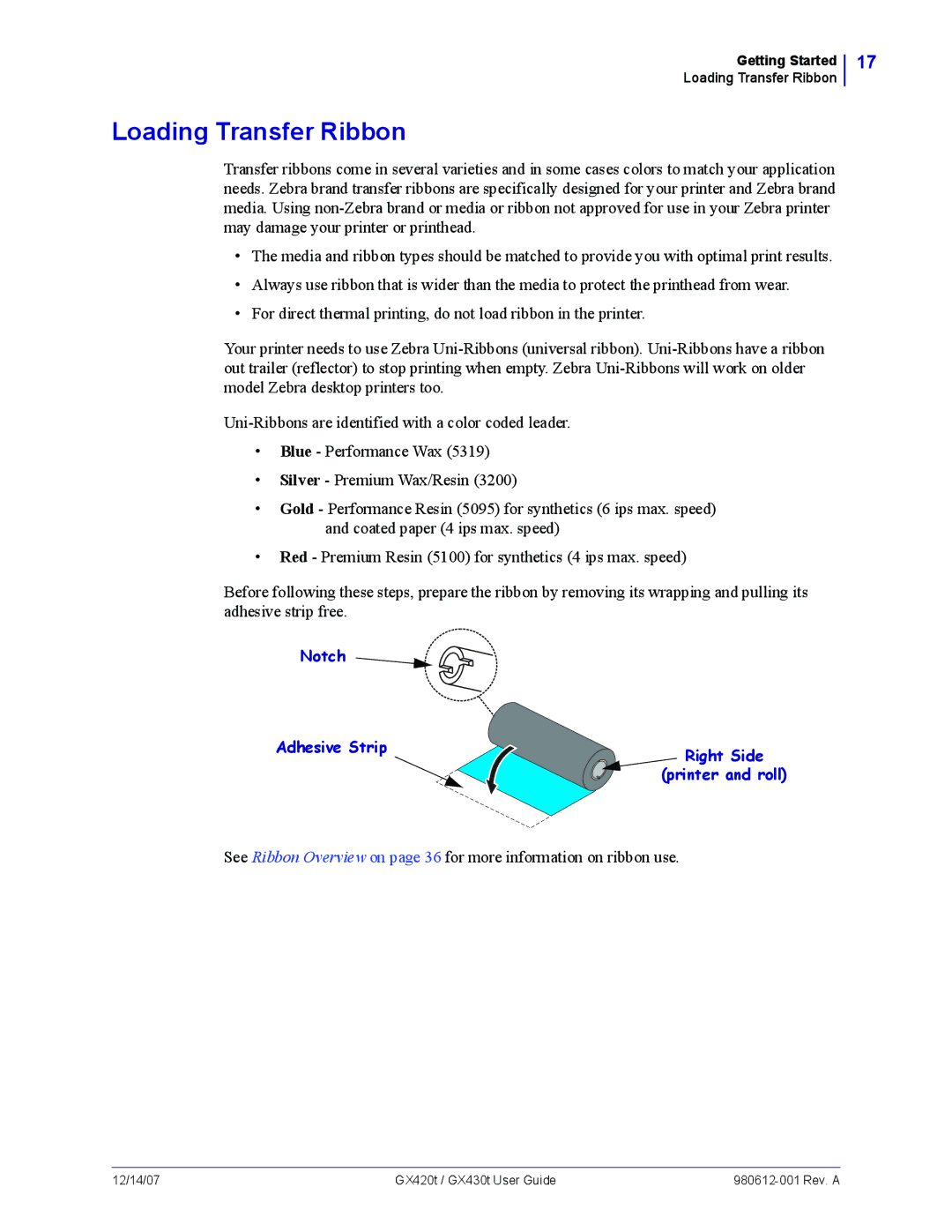 Zebra Technologies GX420t, GX430t manual Loading Transfer Ribbon 