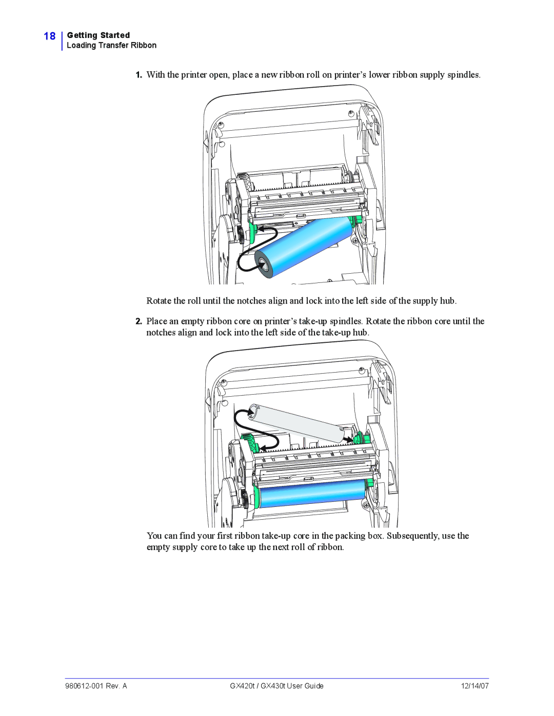 Zebra Technologies GX430t, GX420t manual Getting Started Loading Transfer Ribbon 