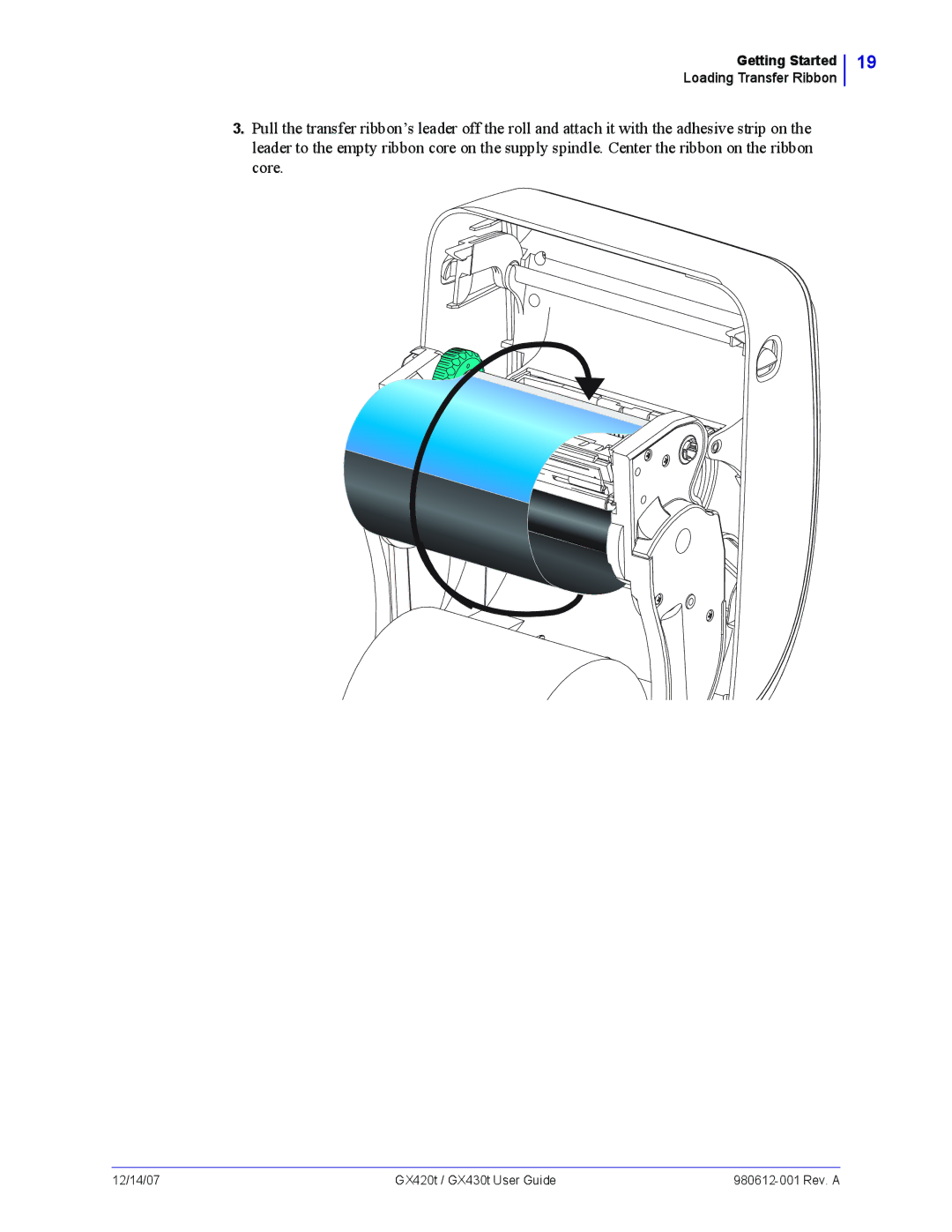 Zebra Technologies GX420t, GX430t manual Getting Started Loading Transfer Ribbon 