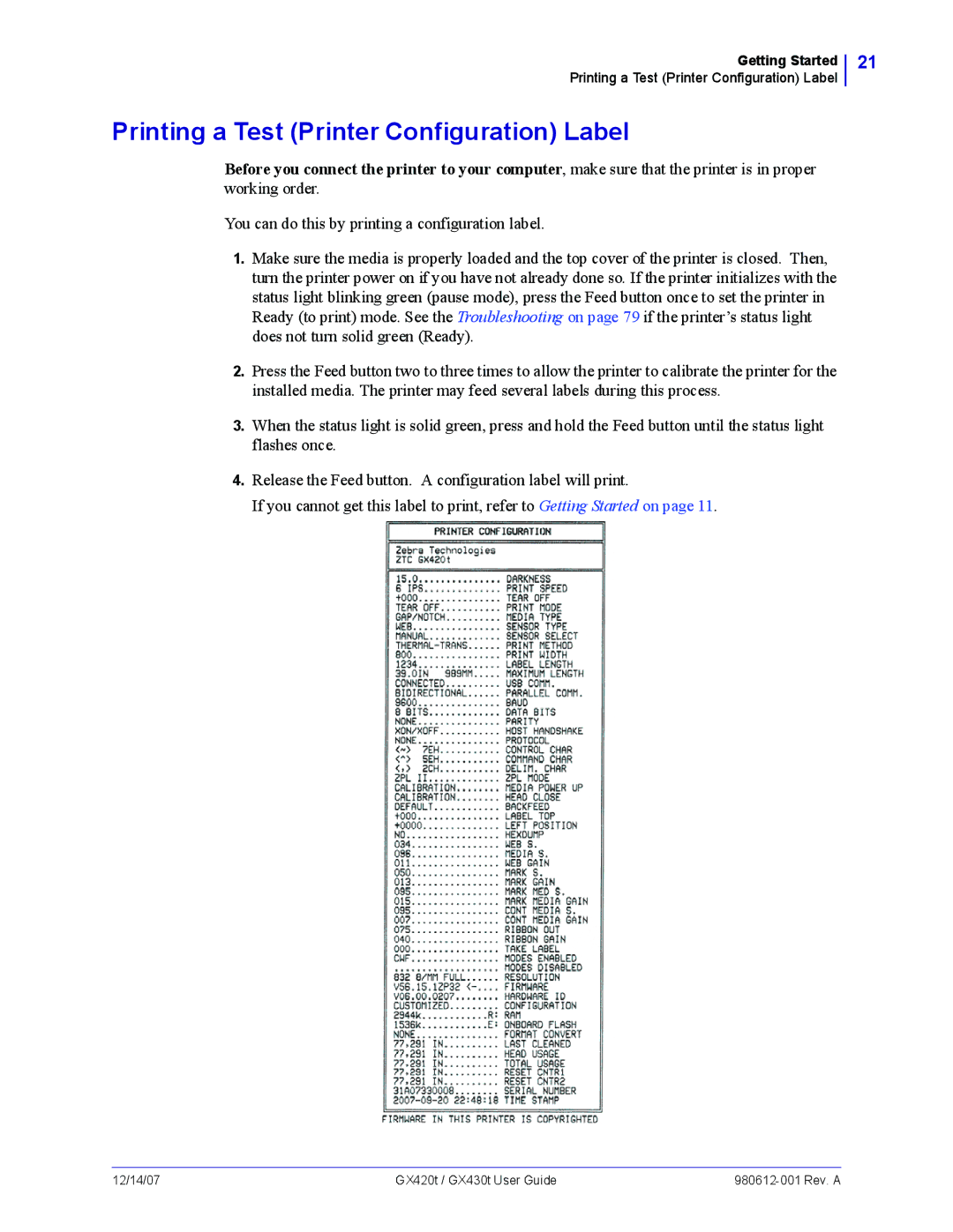 Zebra Technologies GX420t, GX430t manual Printing a Test Printer Configuration Label 