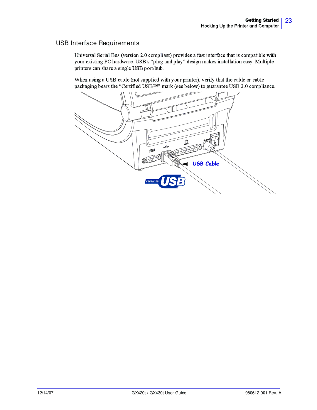 Zebra Technologies GX420t, GX430t manual USB Interface Requirements 