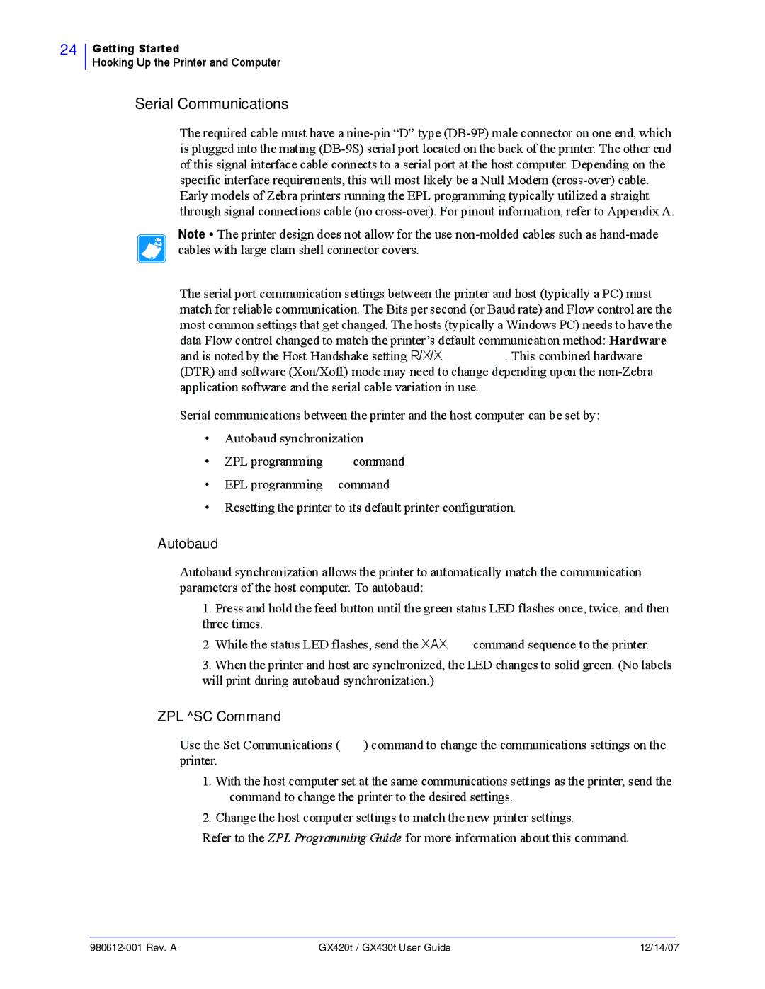 Zebra Technologies GX430t, GX420t manual Serial Communications 