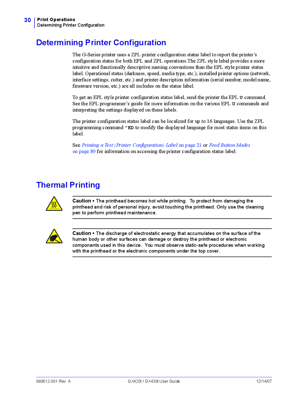 Zebra Technologies GX430t, GX420t manual Determining Printer Configuration, Thermal Printing 