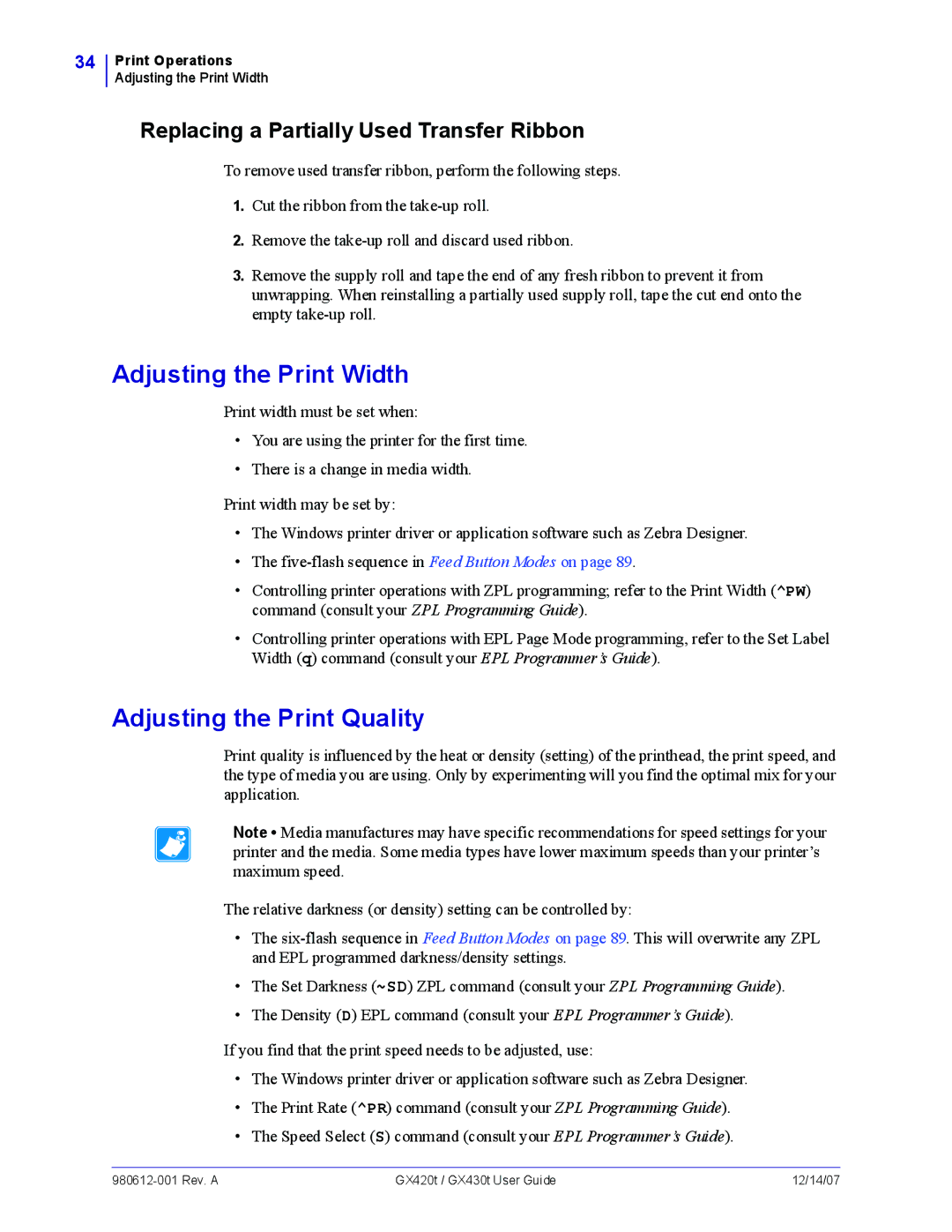 Zebra Technologies GX430t, GX420t manual Adjusting the Print Width, Adjusting the Print Quality 
