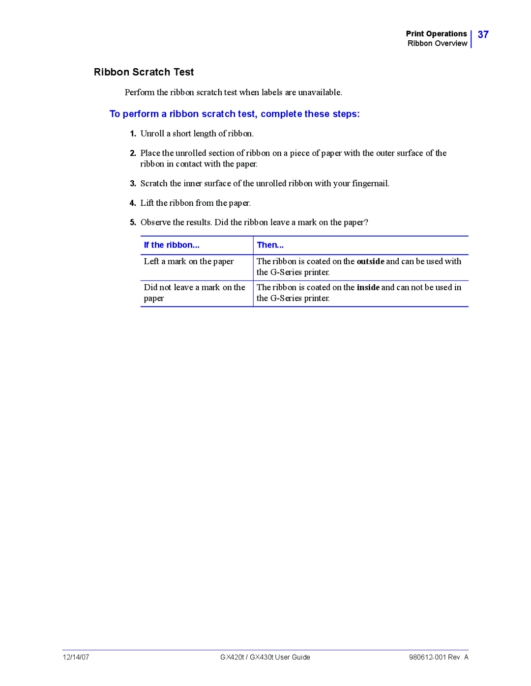 Zebra Technologies GX420t, GX430t manual Ribbon Scratch Test 
