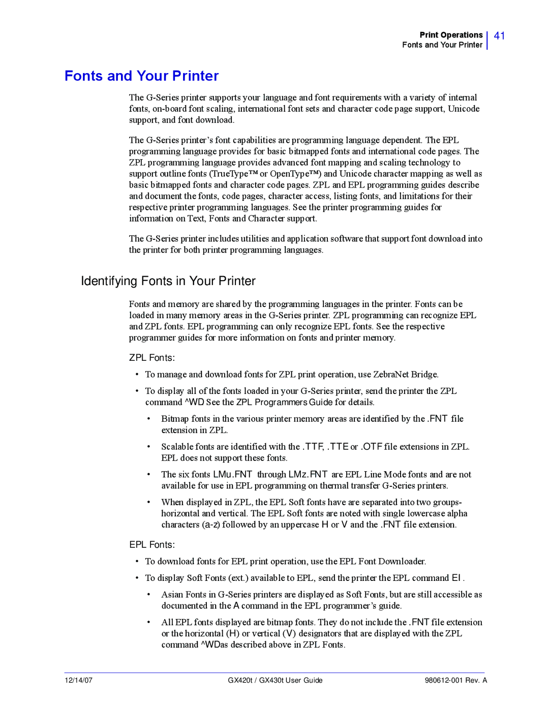 Zebra Technologies GX420t, GX430t manual Fonts and Your Printer, Identifying Fonts in Your Printer 