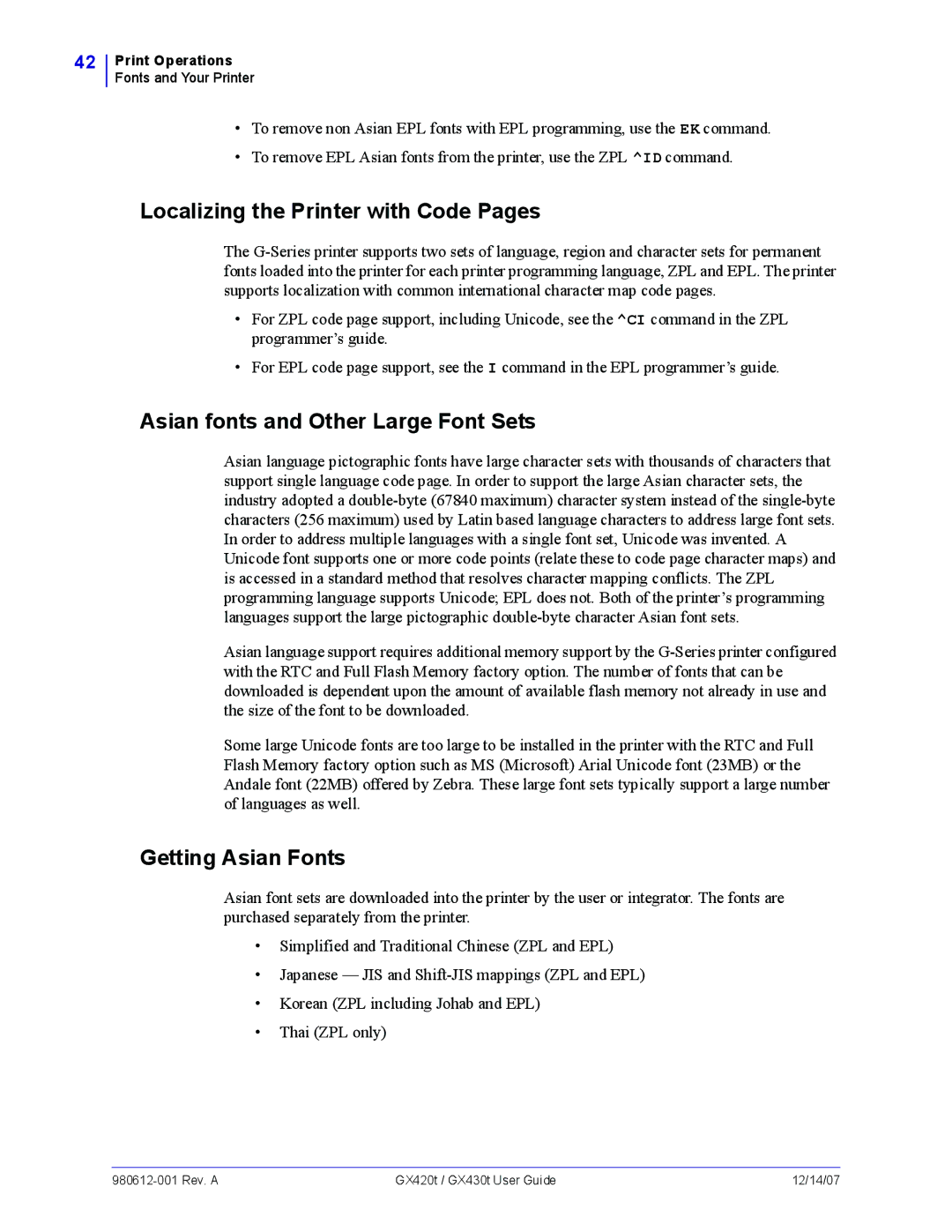 Zebra Technologies GX430t, GX420t manual Localizing the Printer with Code Pages, Asian fonts and Other Large Font Sets 