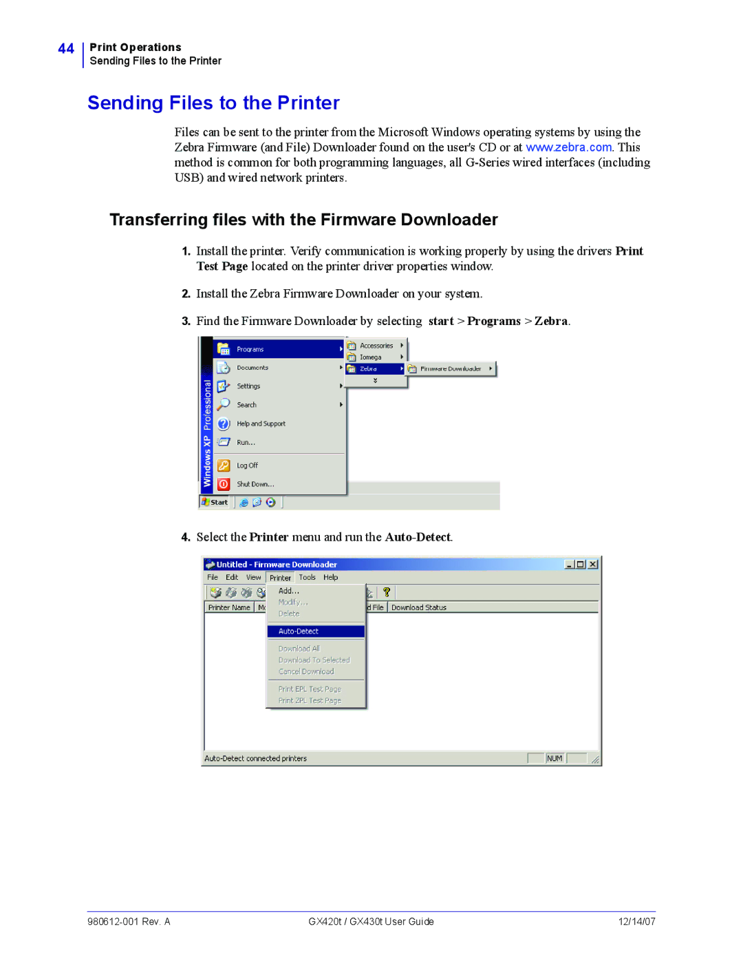 Zebra Technologies GX430t, GX420t manual Sending Files to the Printer, Transferring files with the Firmware Downloader 