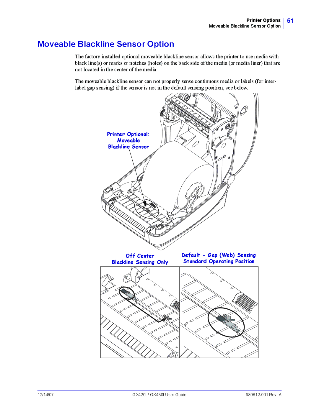 Zebra Technologies GX420t, GX430t manual Moveable Blackline Sensor Option 