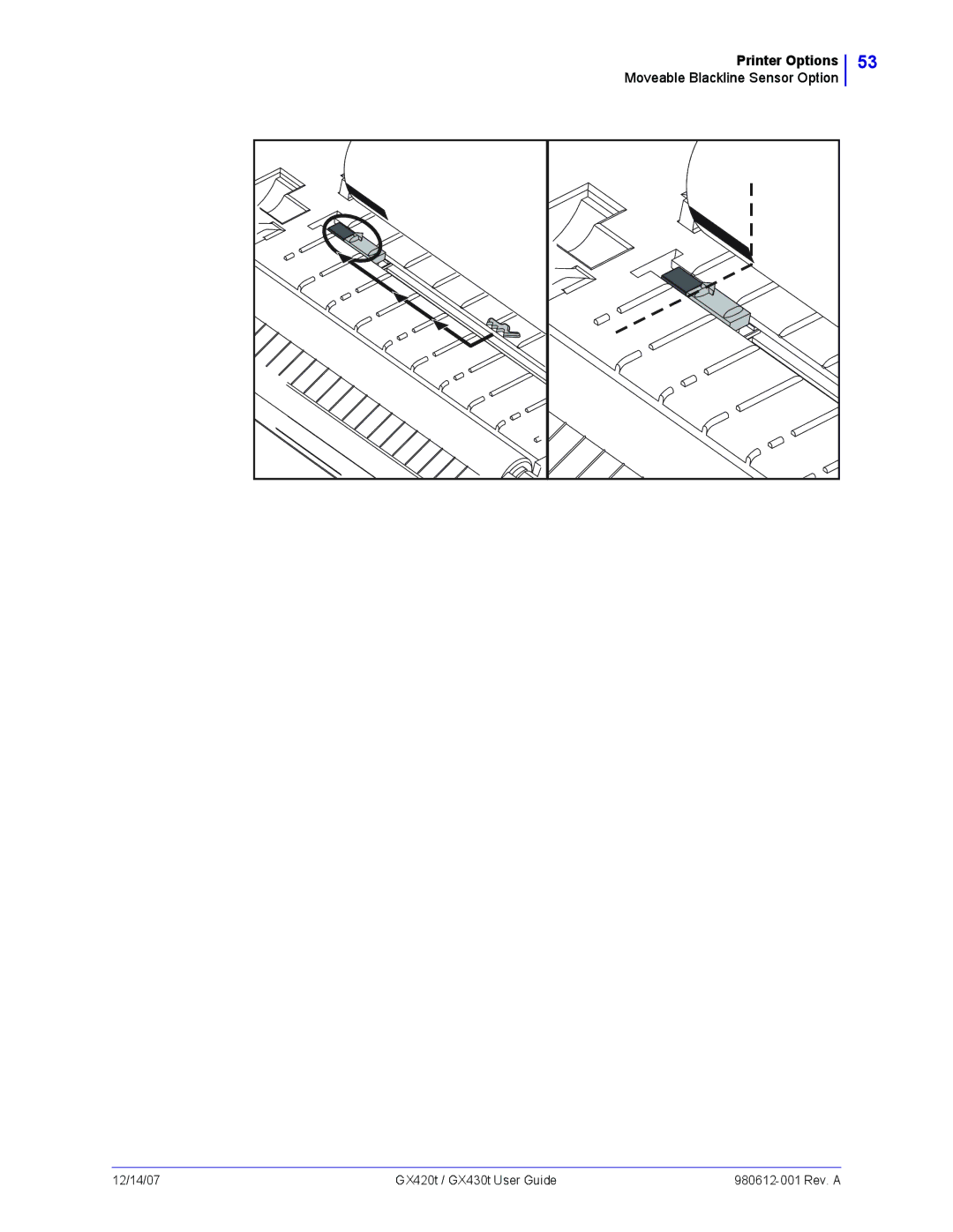 Zebra Technologies GX420t, GX430t manual Printer Options Moveable Blackline Sensor Option 