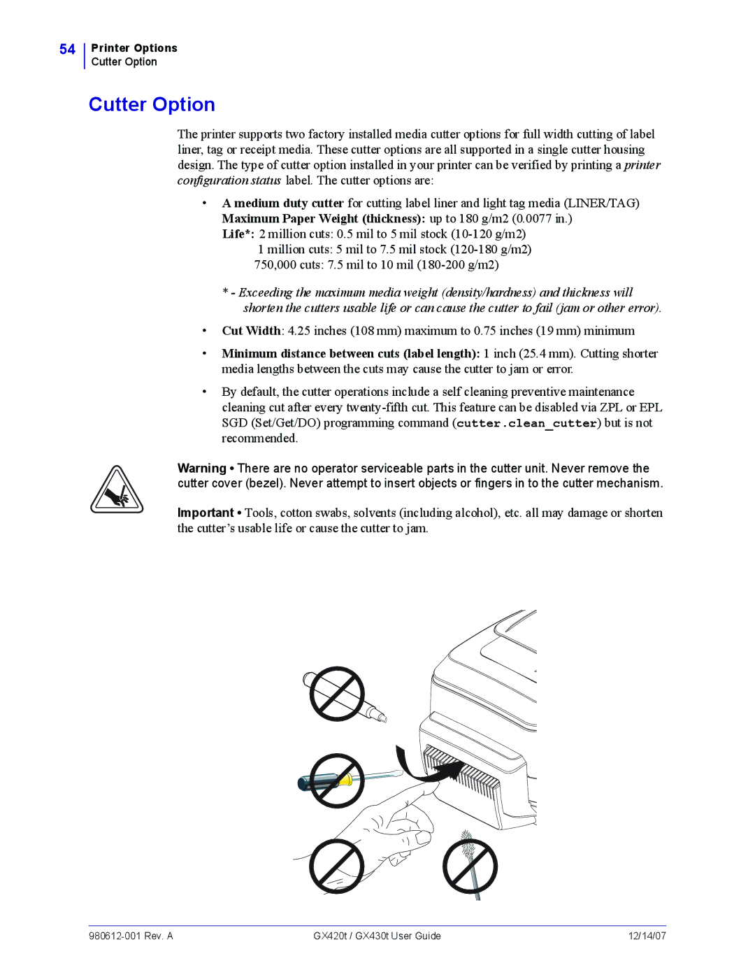 Zebra Technologies GX430t, GX420t manual Cutter Option, Maximum Paper Weight thickness up to 180 g/m2 0.0077 