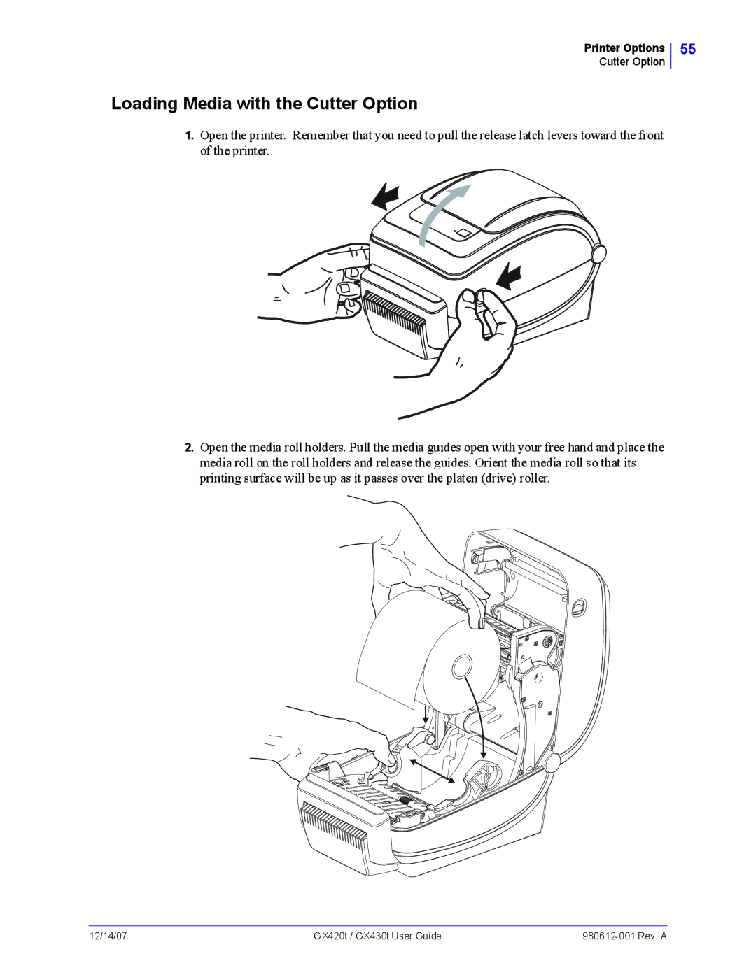 Zebra Technologies GX420t, GX430t manual Loading Media with the Cutter Option 