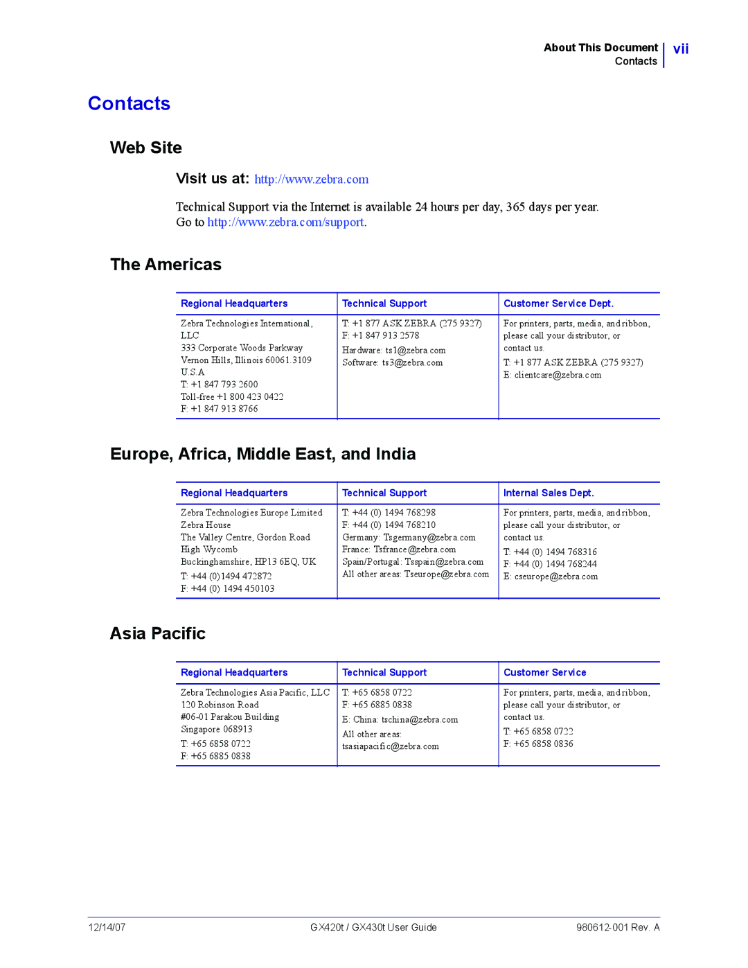 Zebra Technologies GX420t, GX430t manual Contacts, Web Site, Americas, Europe, Africa, Middle East, and India, Asia Pacific 