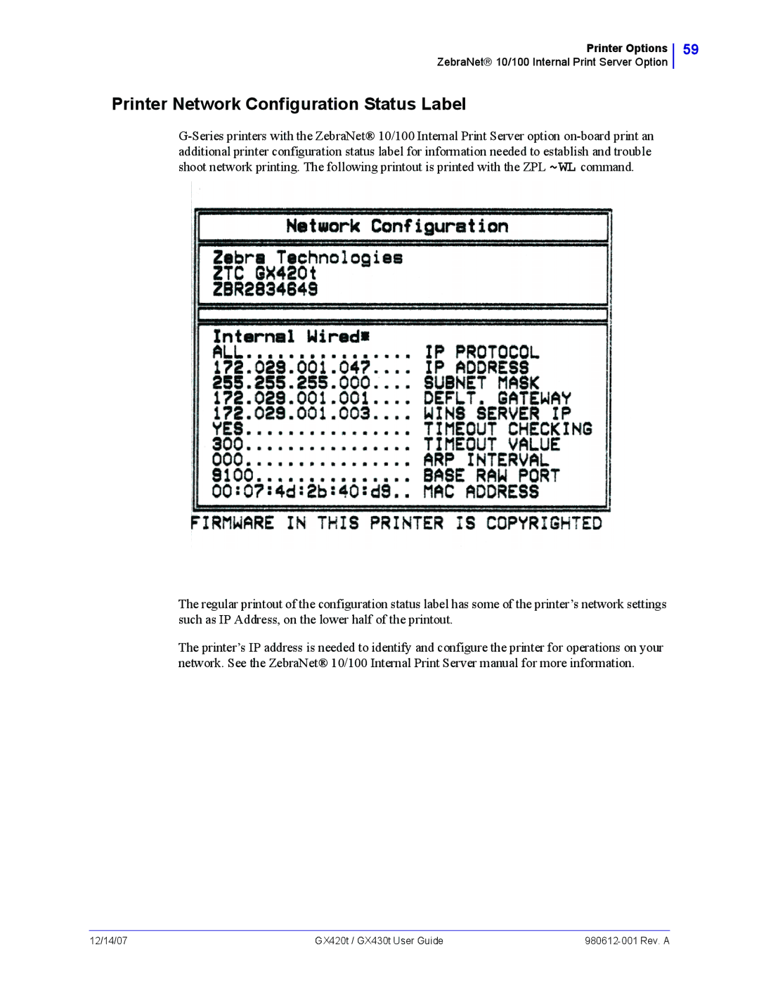 Zebra Technologies GX420t, GX430t manual Printer Network Configuration Status Label 