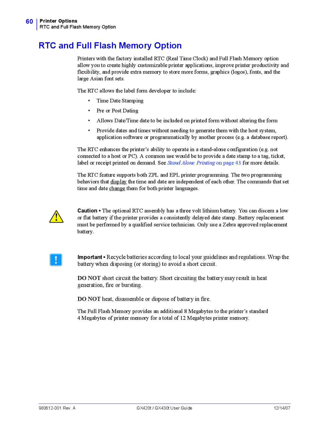 Zebra Technologies GX430t, GX420t manual RTC and Full Flash Memory Option 