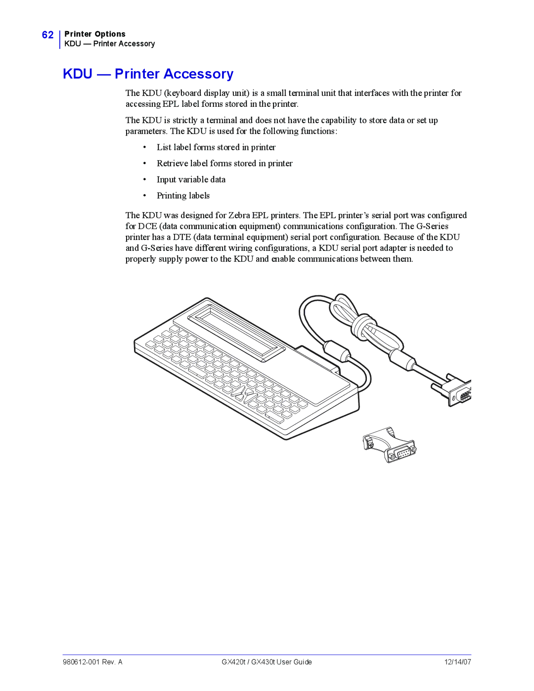 Zebra Technologies GX430t, GX420t manual KDU Printer Accessory 