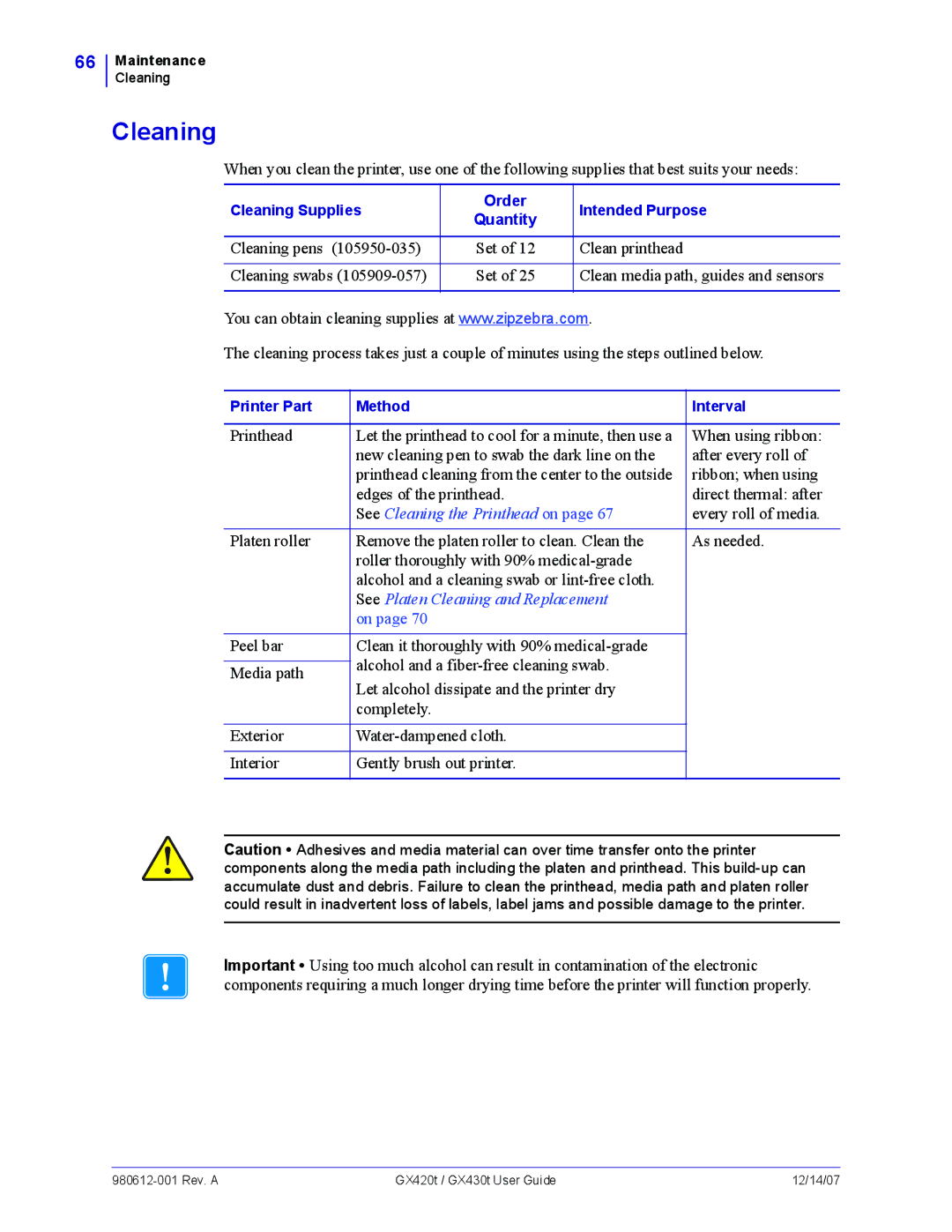 Zebra Technologies GX430t, GX420t manual See Cleaning the Printhead on 