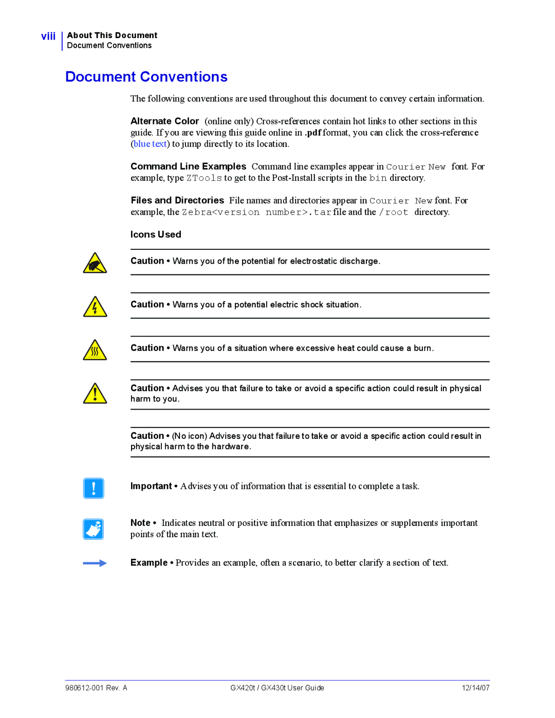 Zebra Technologies GX430t, GX420t manual Document Conventions, Icons Used 