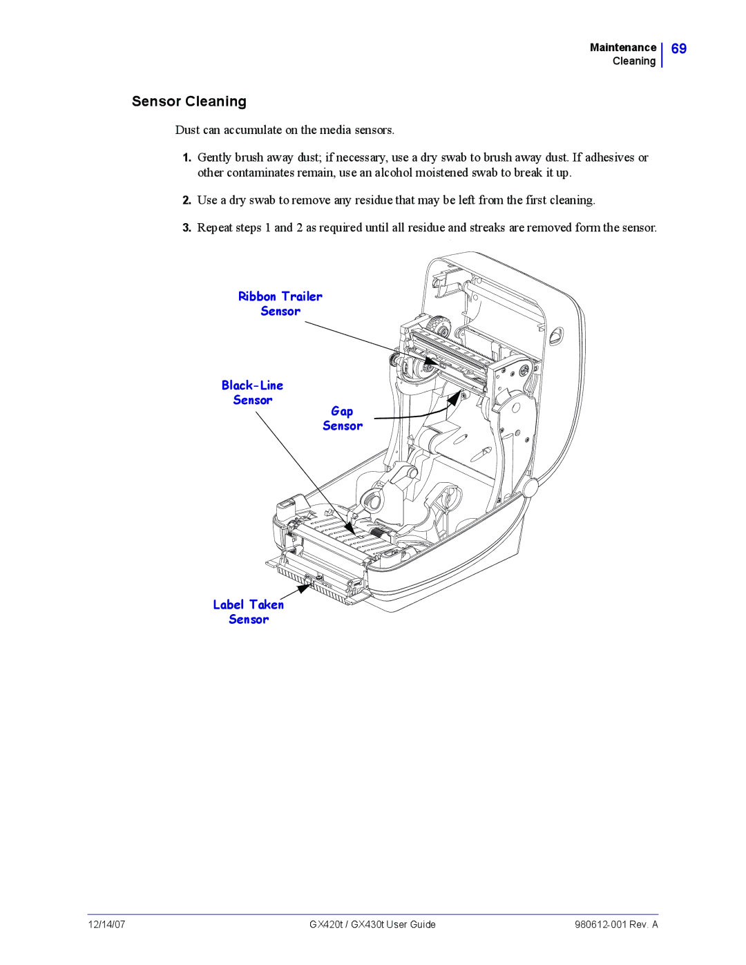 Zebra Technologies GX420t, GX430t manual Sensor Cleaning 