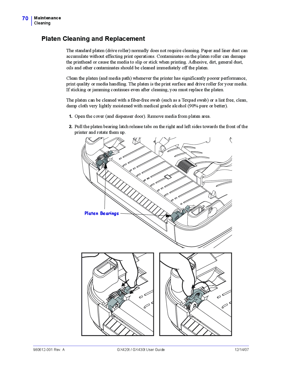 Zebra Technologies GX430t, GX420t manual Platen Cleaning and Replacement 