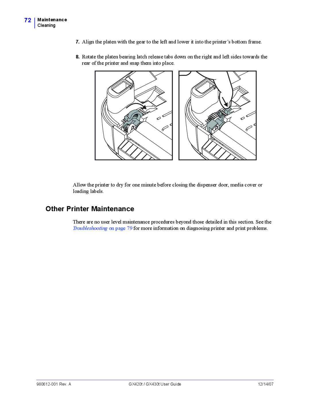 Zebra Technologies GX430t, GX420t manual Other Printer Maintenance 