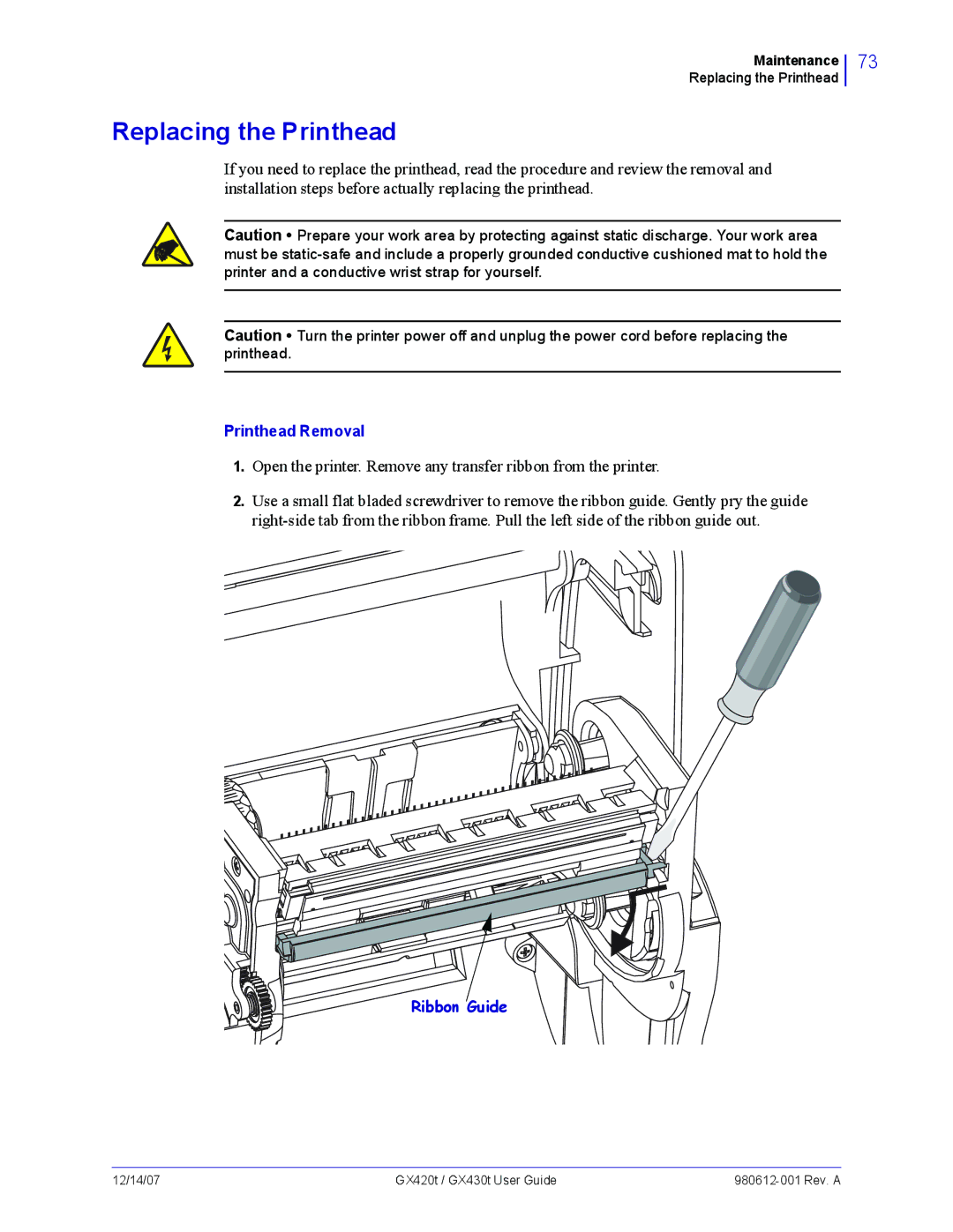 Zebra Technologies GX420t, GX430t manual Replacing the Printhead 