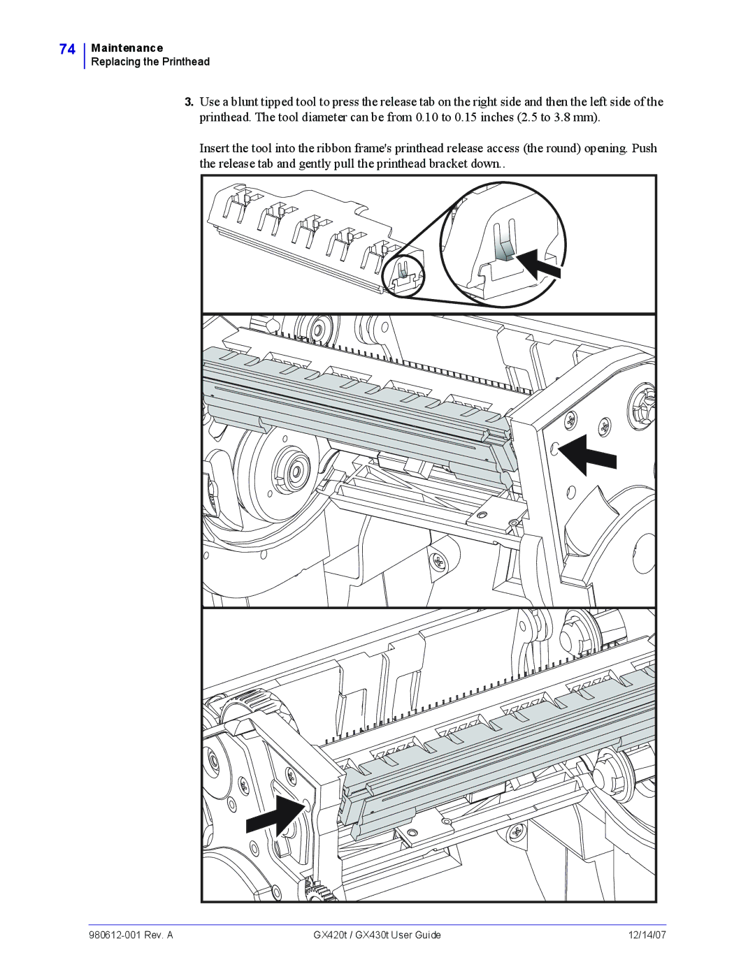 Zebra Technologies GX430t, GX420t manual Maintenance Replacing the Printhead 