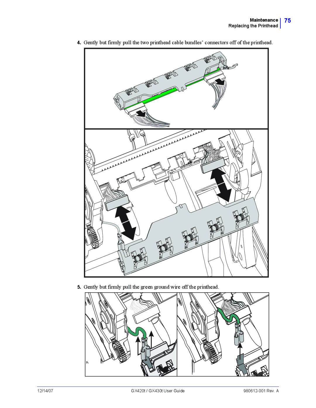 Zebra Technologies GX420t, GX430t manual Maintenance Replacing the Printhead 