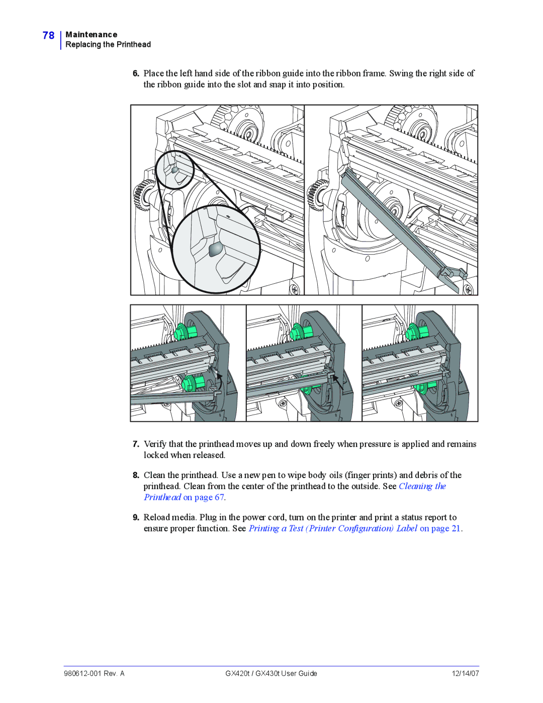 Zebra Technologies GX430t, GX420t manual Maintenance Replacing the Printhead 