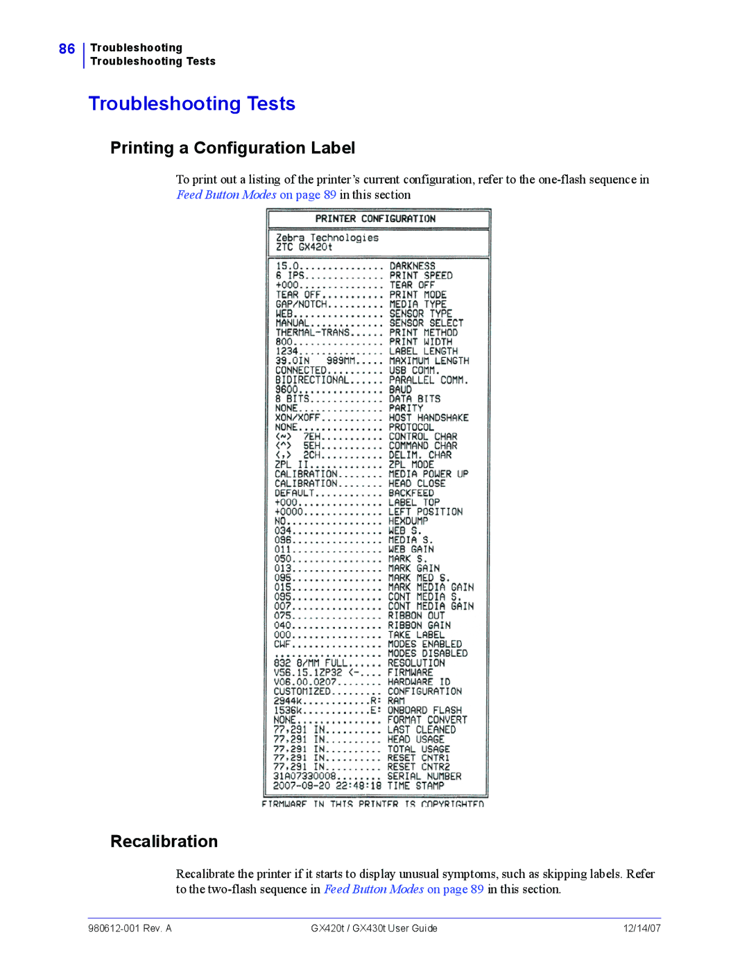 Zebra Technologies GX430t, GX420t manual Troubleshooting Tests, Printing a Configuration Label, Recalibration 