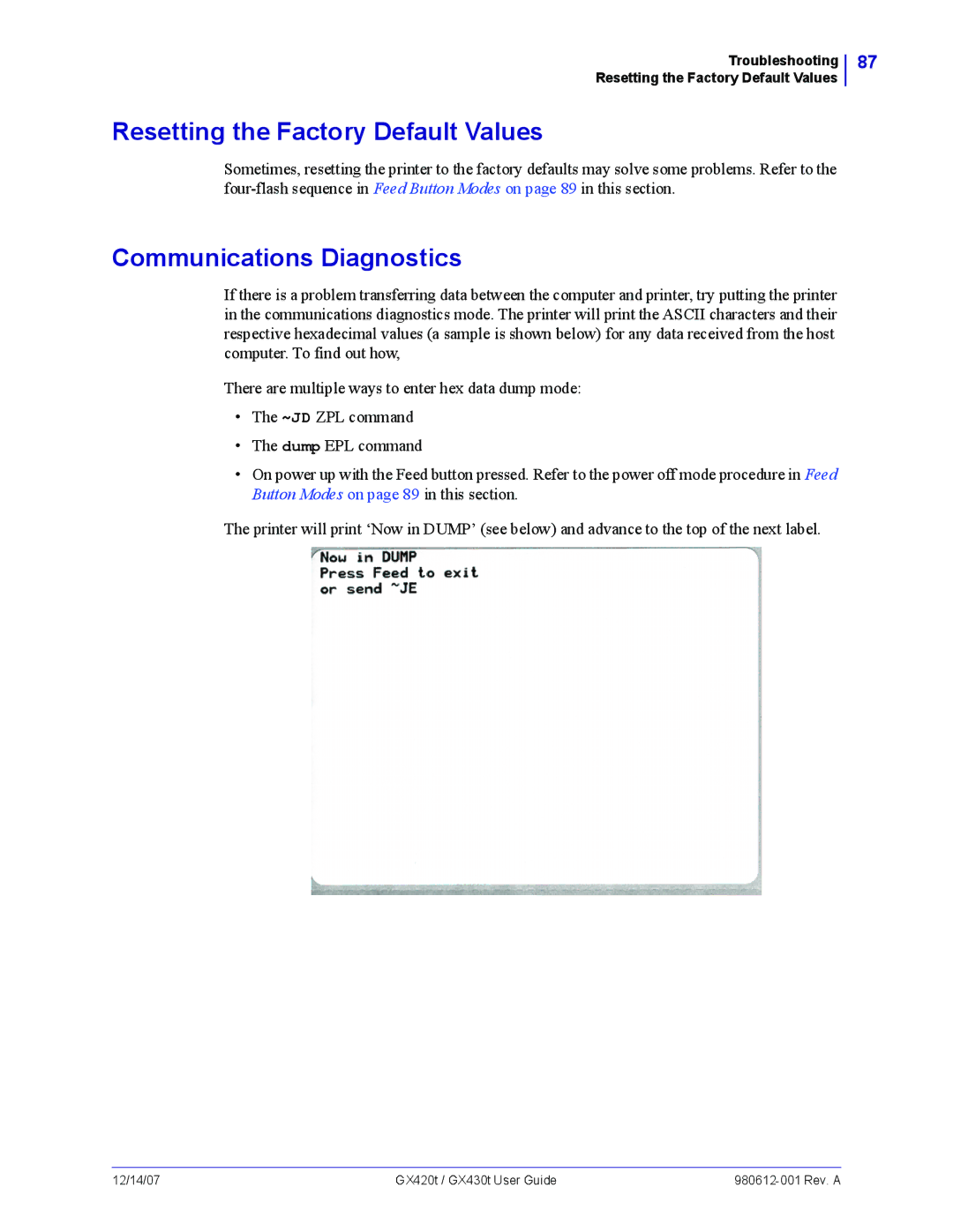 Zebra Technologies GX420t, GX430t manual Resetting the Factory Default Values, Communications Diagnostics 