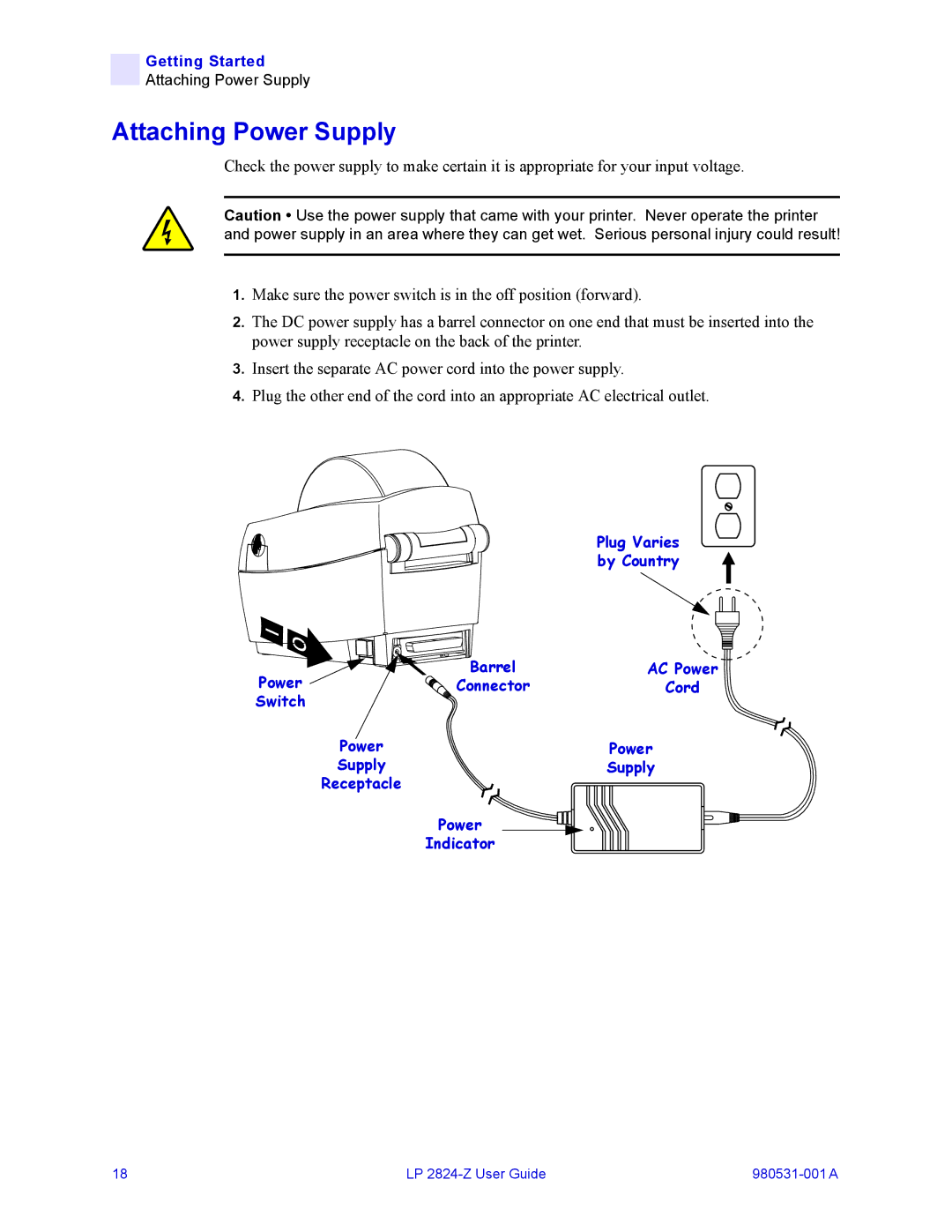 Zebra Technologies H 2824-Z user manual Attaching Power Supply 