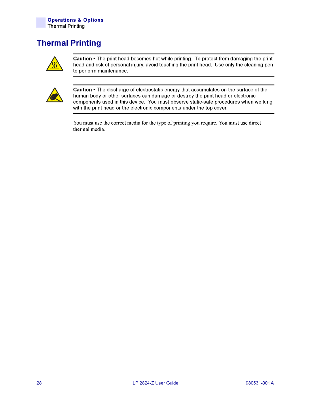 Zebra Technologies H 2824-Z user manual Thermal Printing 