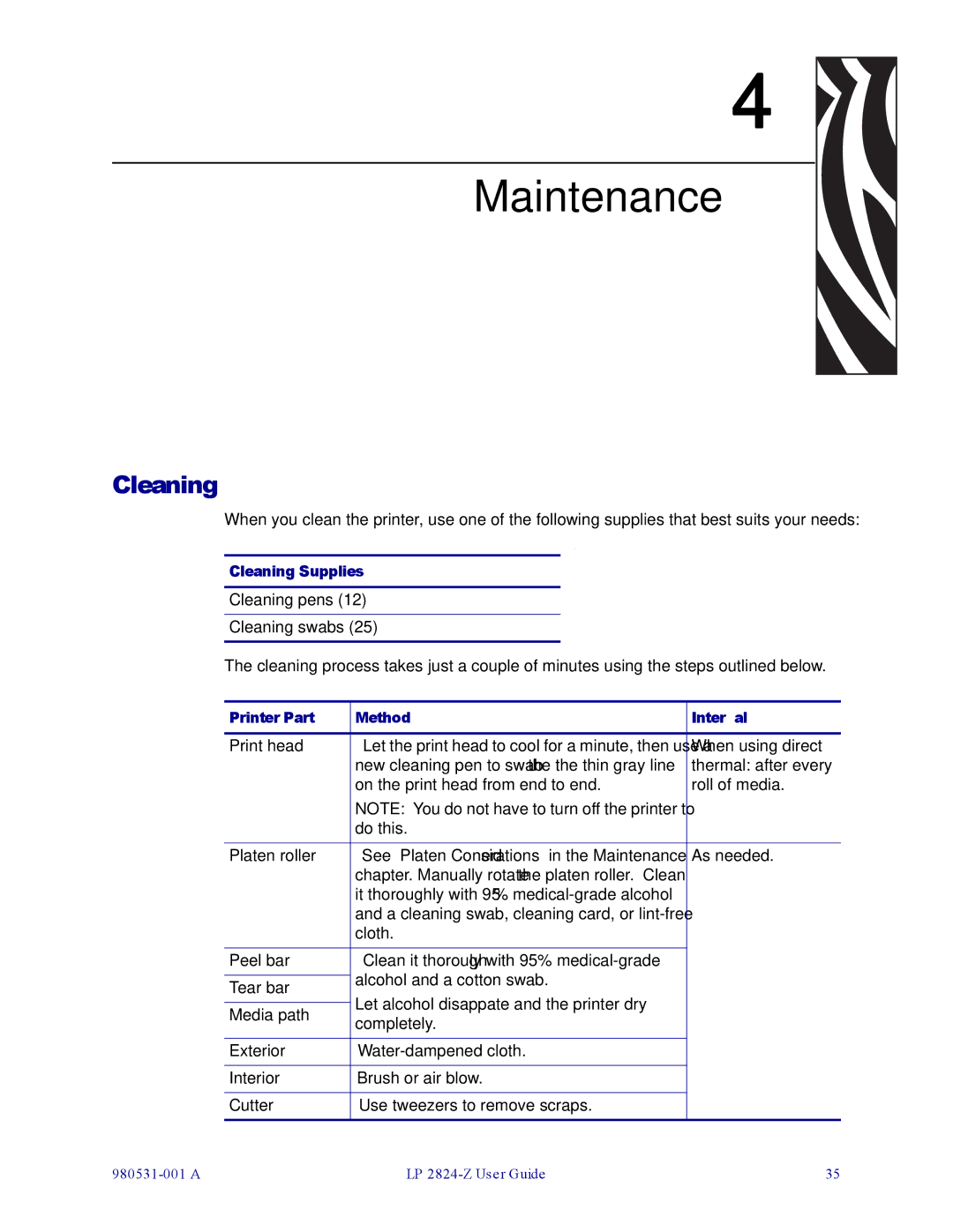 Zebra Technologies H 2824-Z user manual Maintenance, Cleaning 