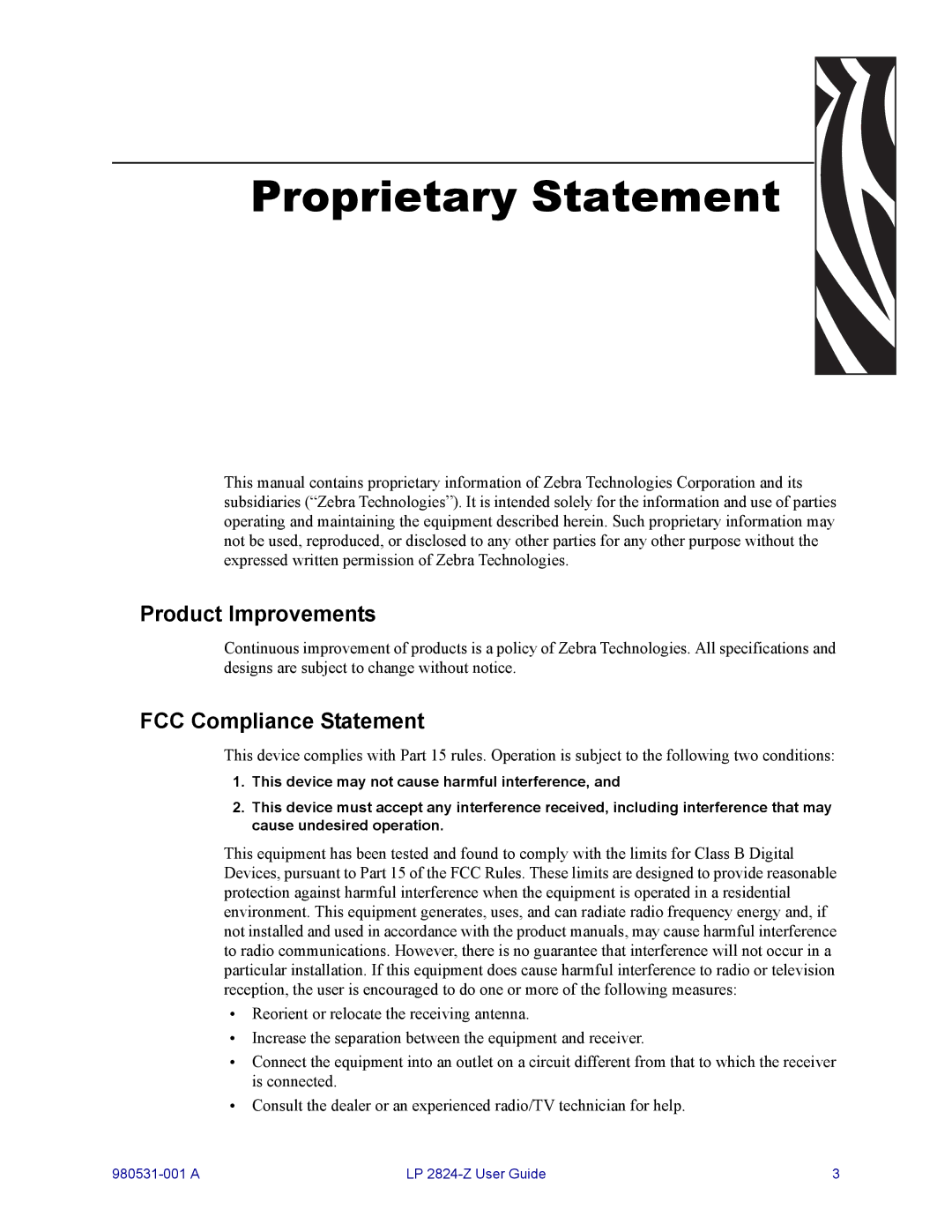 Zebra Technologies H 2824-Z user manual Proprietary Statement, Product Improvements, FCC Compliance Statement 