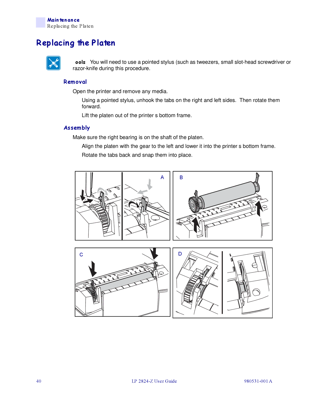 Zebra Technologies H 2824-Z user manual Replacing the Platen, Removal 