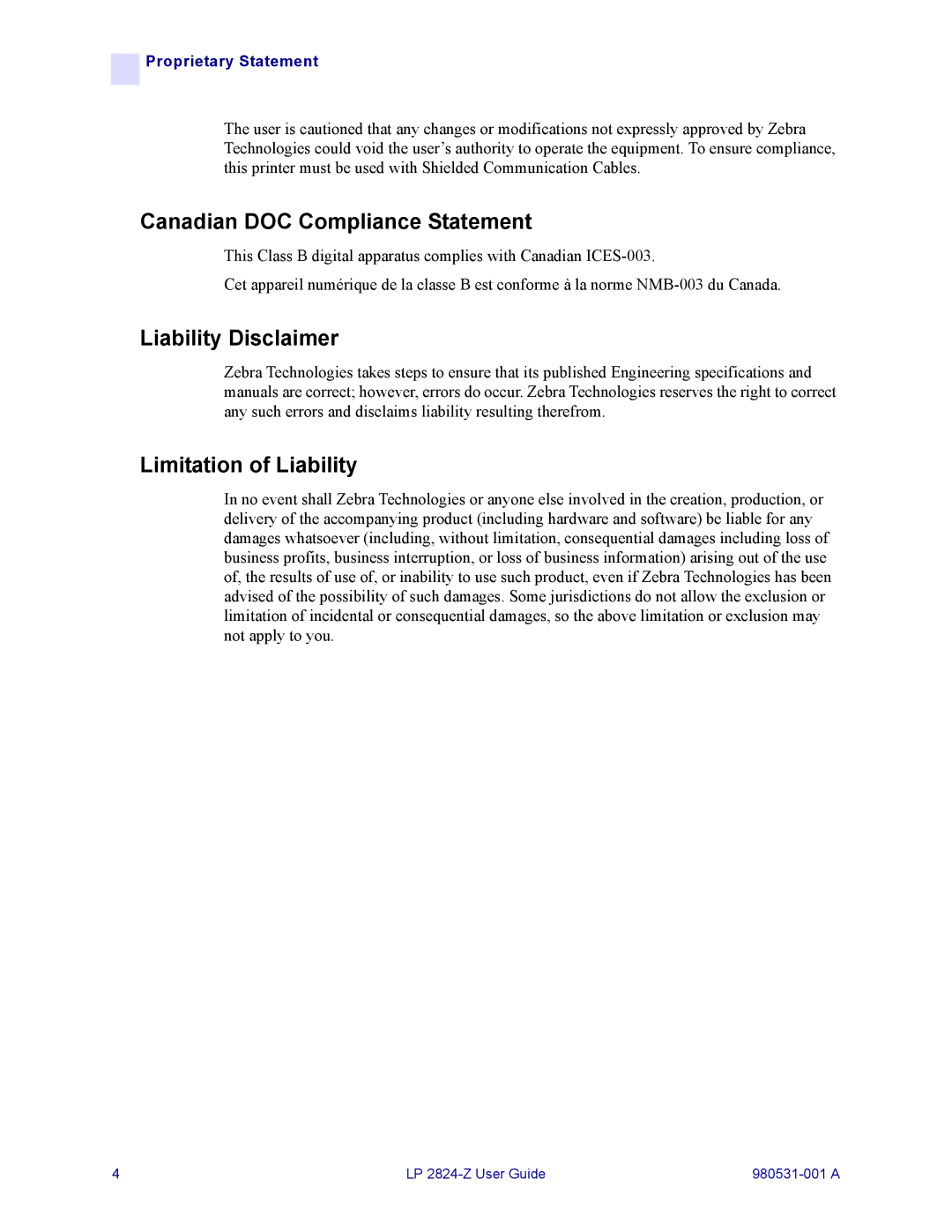 Zebra Technologies H 2824-Z user manual Canadian DOC Compliance Statement, Liability Disclaimer, Limitation of Liability 