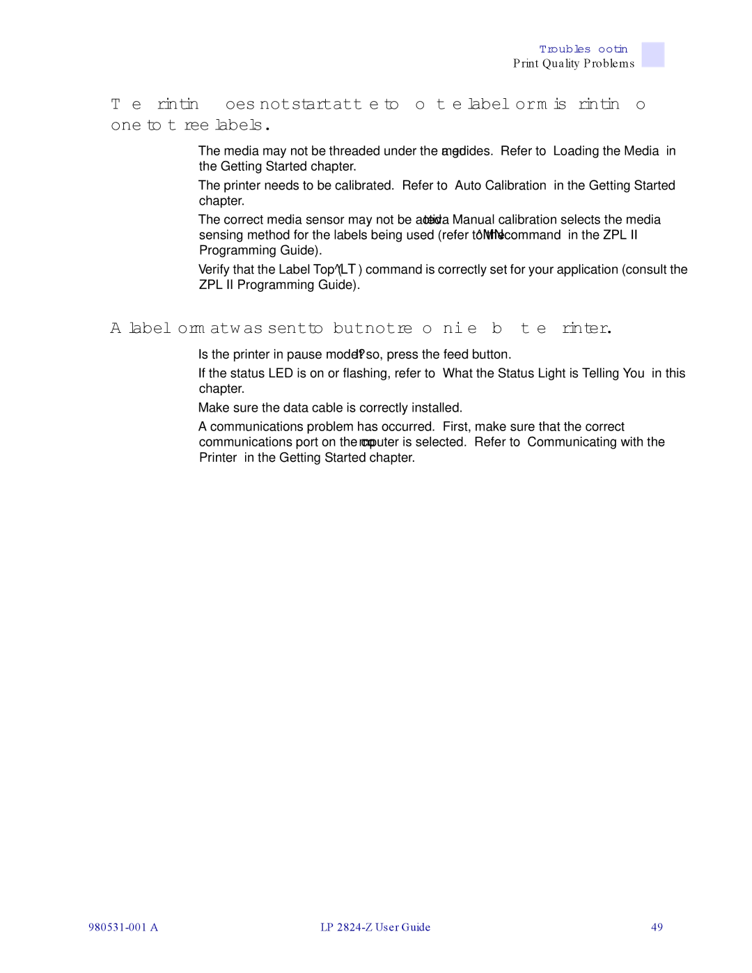 Zebra Technologies H 2824-Z user manual Label format was sent to, but not recognized by, the printer 