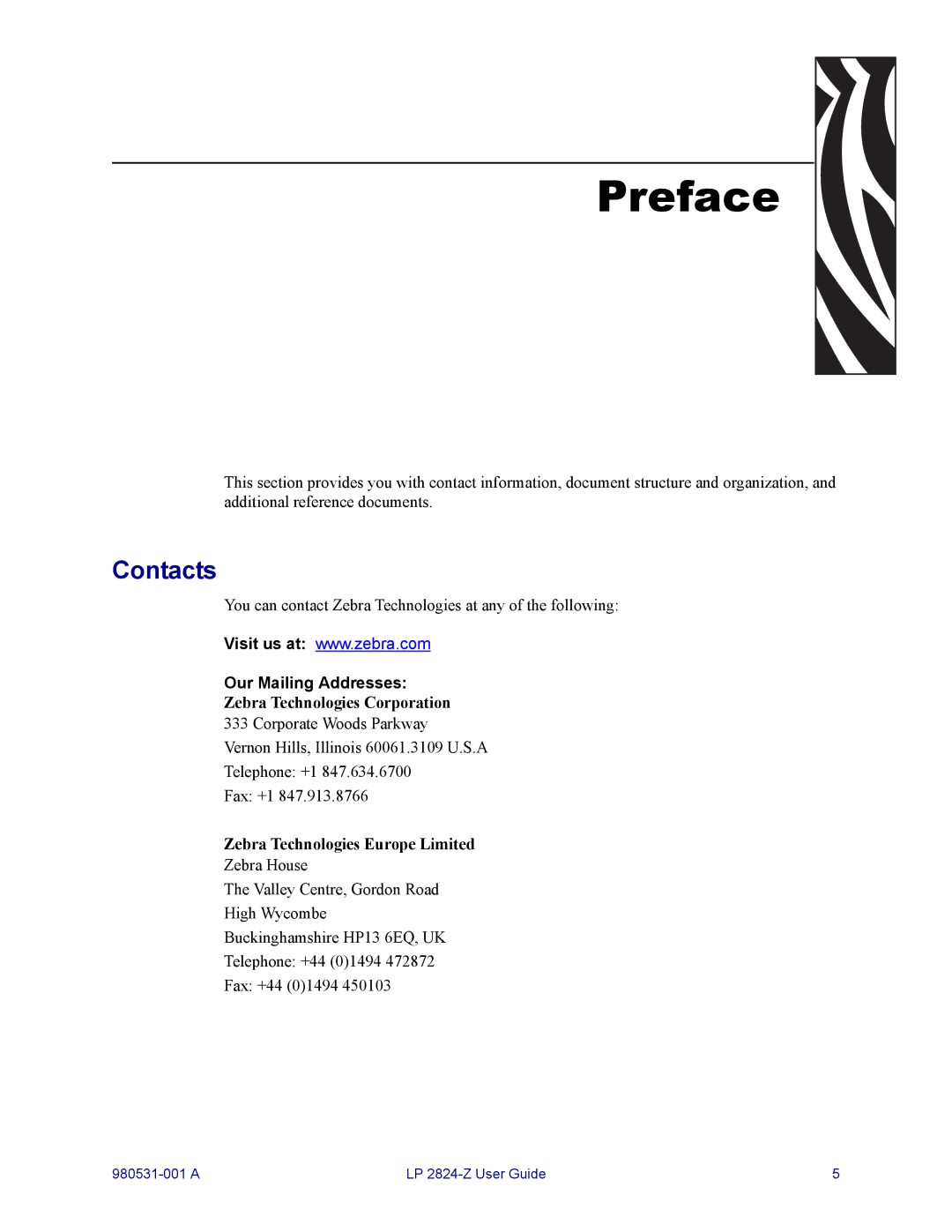 Zebra Technologies H 2824-Z user manual Preface, Contacts 