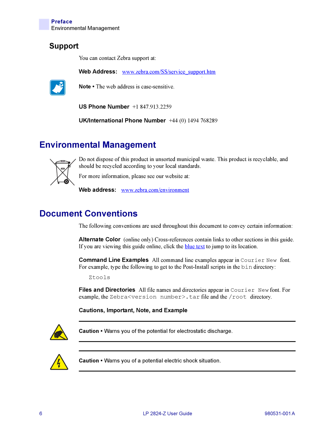 Zebra Technologies H 2824-Z user manual Environmental Management, Document Conventions, Support 