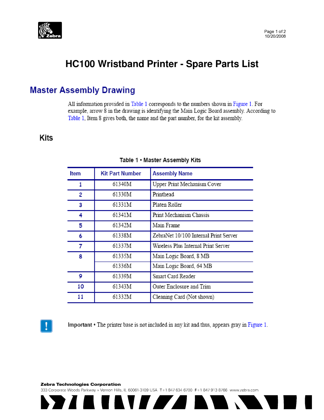 Zebra Technologies manual HC100 Wristband Printer Spare Parts List 