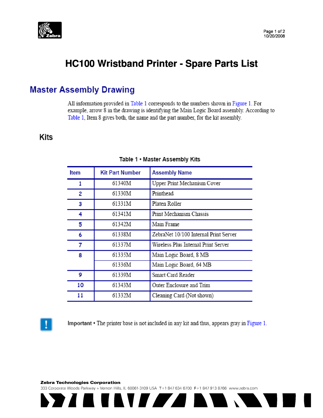 Zebra Technologies manual HC100 Wristband Printer - Spare Parts List, Page 1 of 2 10/20/2008 
